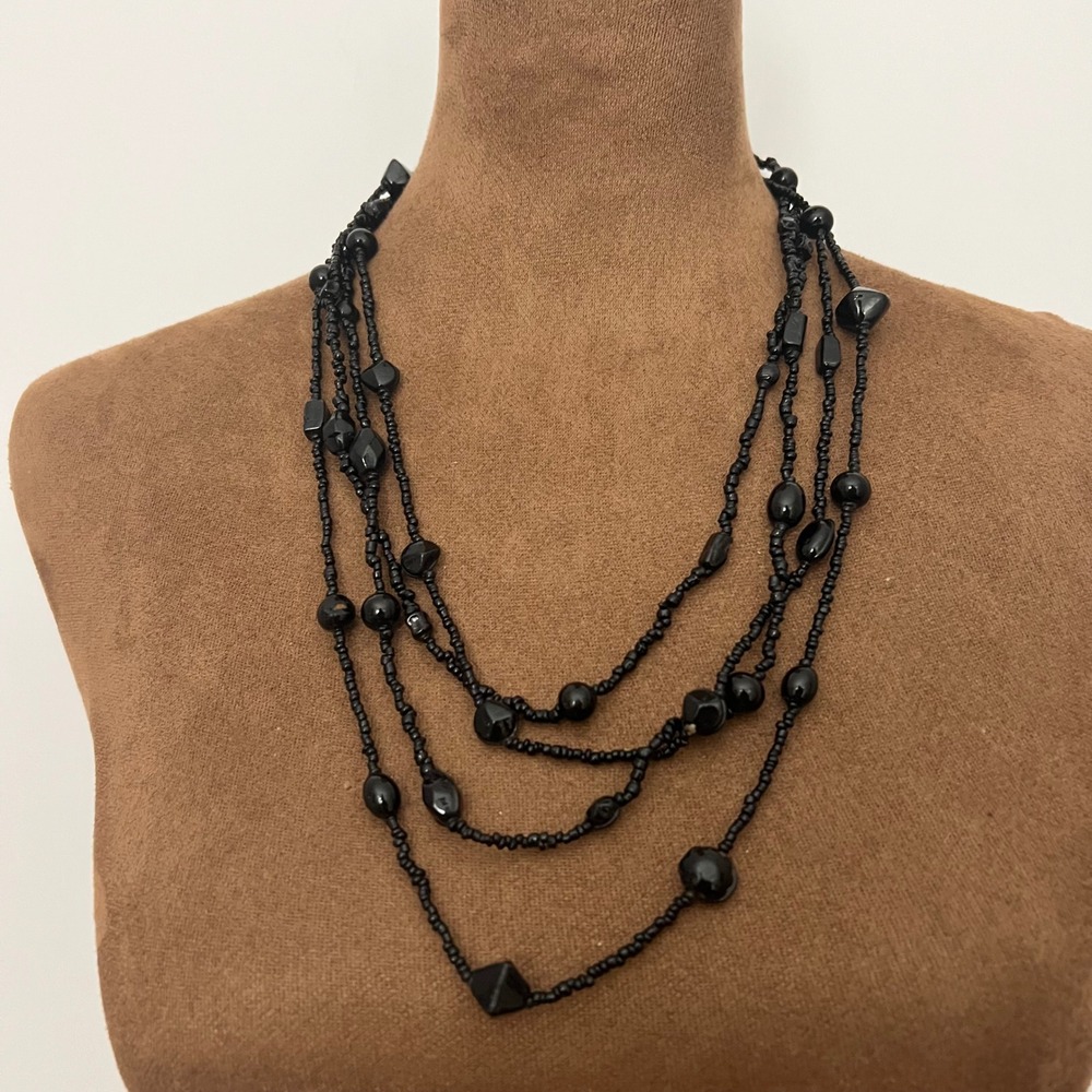 Long Black Glass Beaded‎ Vintages Necklaces Sead Bead 44 & 46" Strands Goth